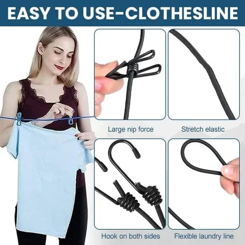Elastic Clothesline Rope with 12 Clips Hook